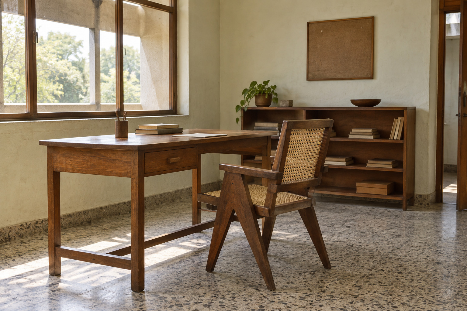 A modest workroom has a wooden desk, a cane-seated chair, open storage and daylight from a large window.