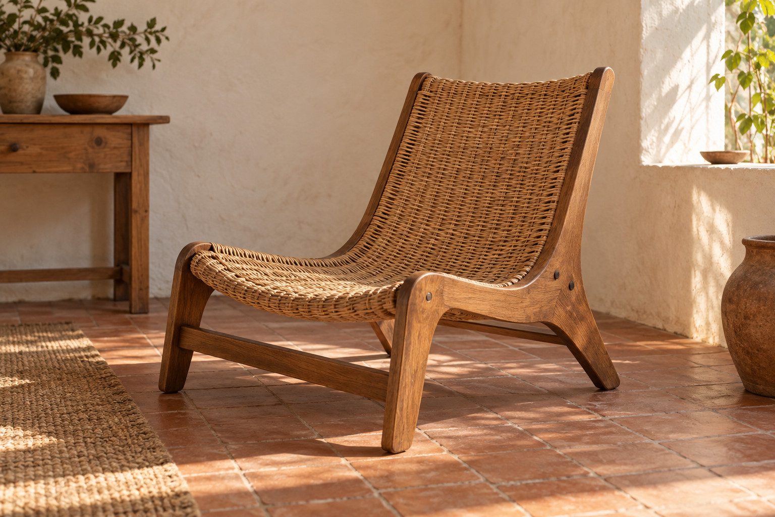 A low armless woven lounge chair follows a continuous curve within a wooden frame in a simple warm interior.