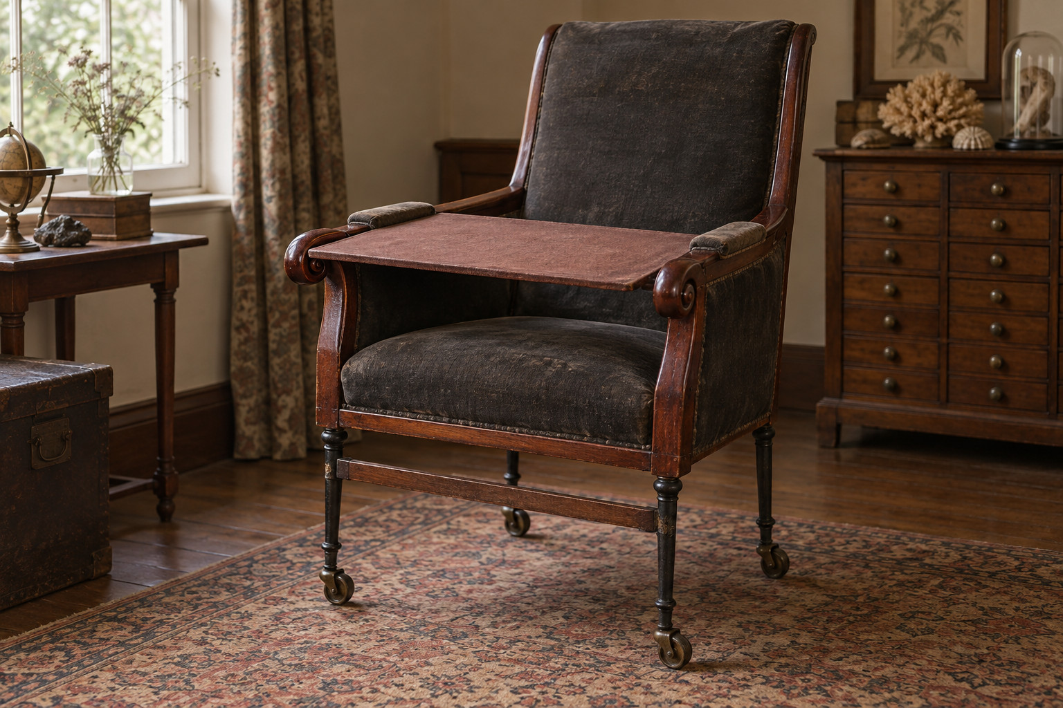 A reconstructed mahogany armchair has a writing board across its arms, dark upholstery, added iron legs and castors.