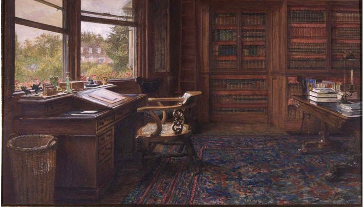 An empty wooden armchair stands beside a desk at a window in Dickens’s study; books fill the wall beyond in Fildes’s watercolour.