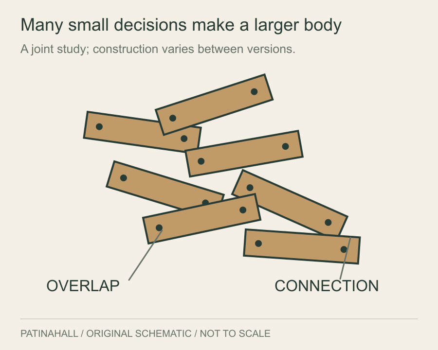 Short wooden strips overlap in varying directions with small connection points visible at their ends.