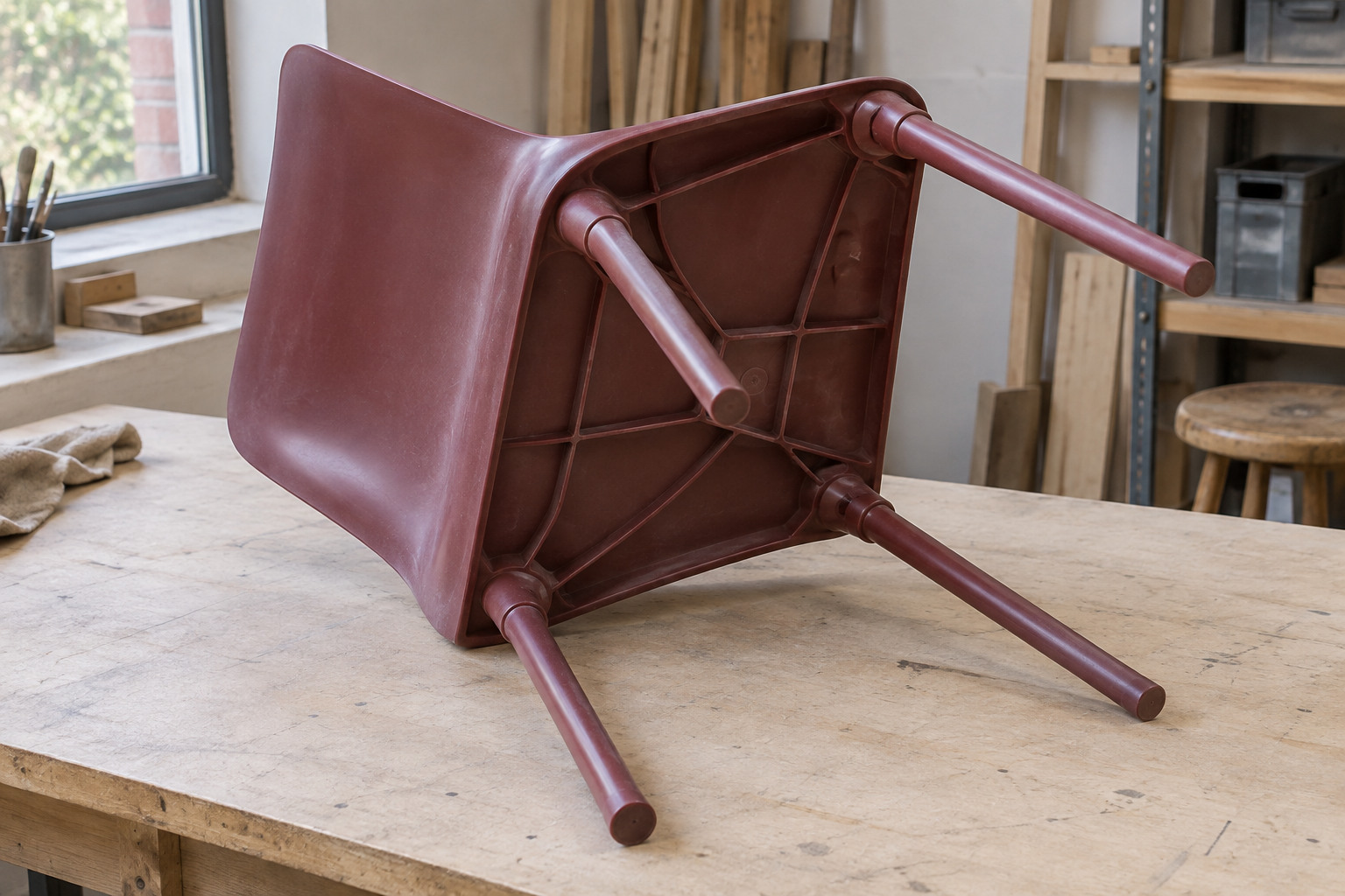 A burgundy moulded chair lies on its side, exposing reinforcing ribs and four separate leg connections.