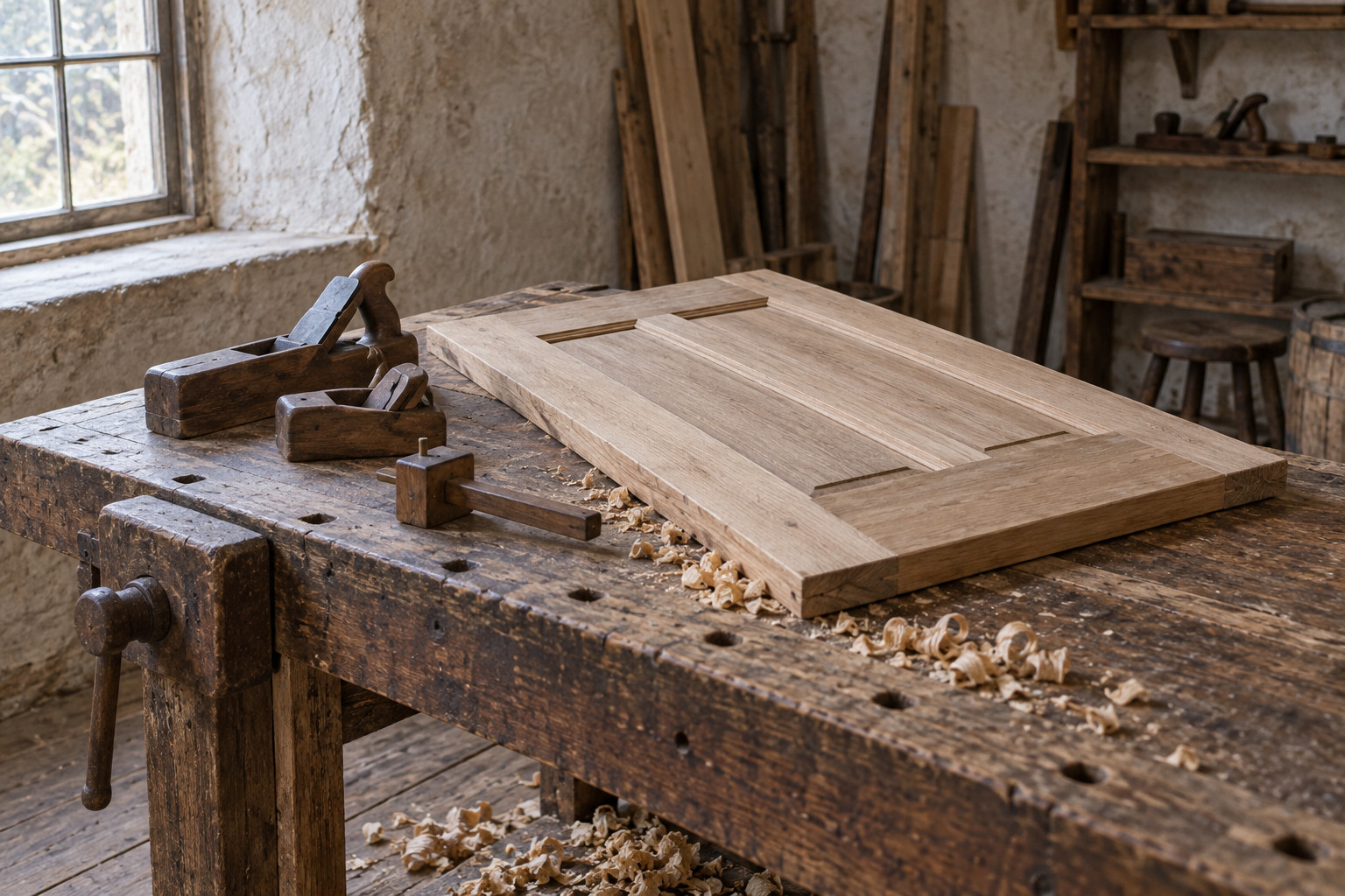 An empty woodworking shop contains a partly fitted wooden panel, hand planes, chisels and a workbench lit by a window.