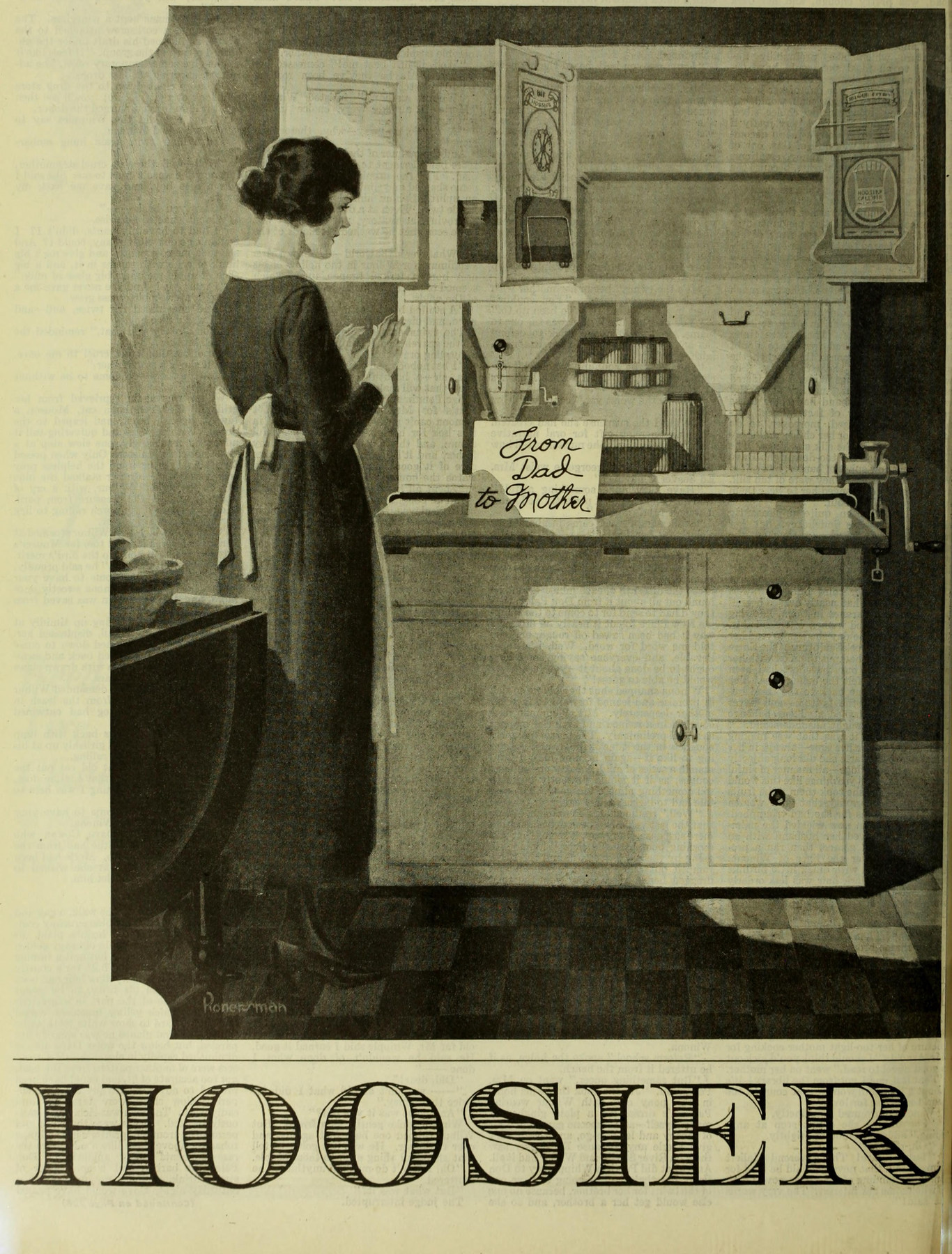 A period advertisement shows a woman beside a white kitchen cabinet with open upper doors and a wide work counter.