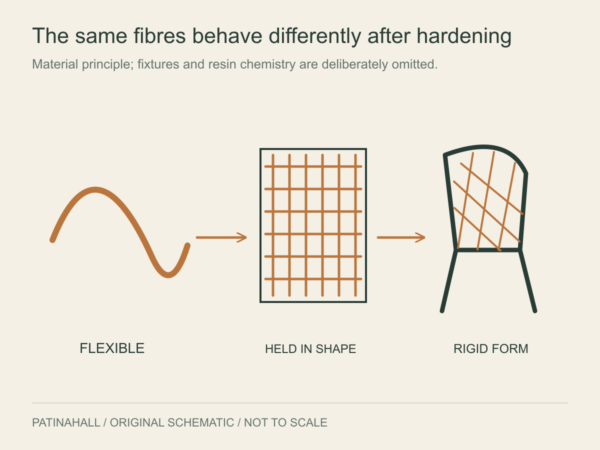 A flexible strand leads to a held network and then a rigid chair-form symbol.