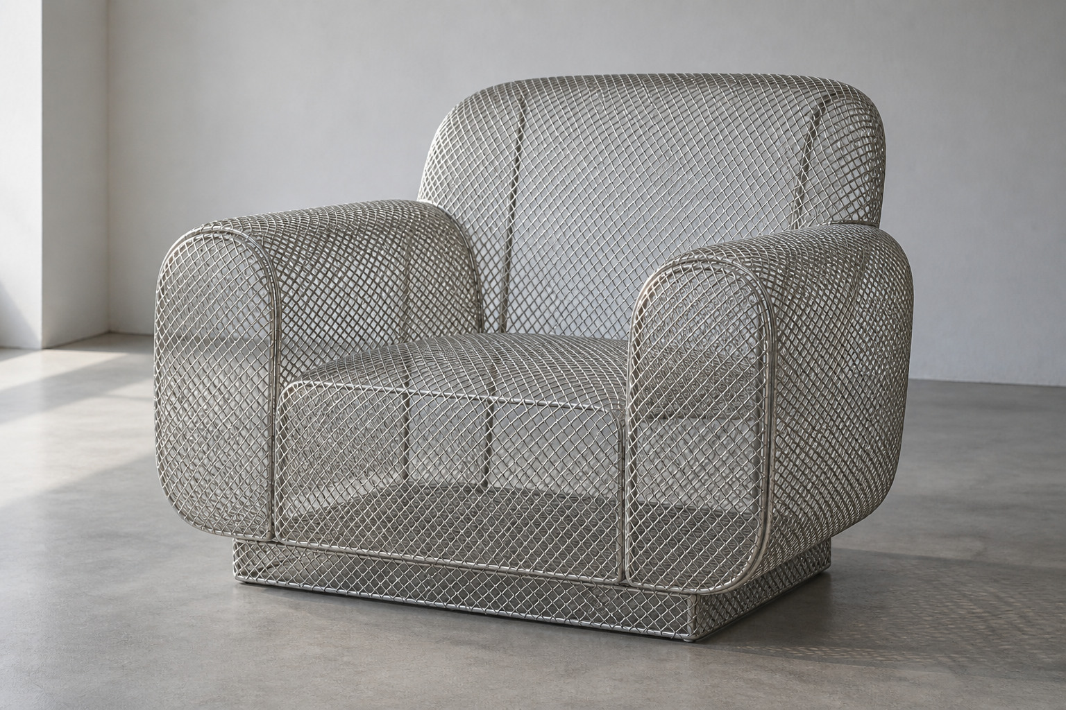 A broad silver mesh armchair retains a full club-chair silhouette while its perforations reveal the room behind it.