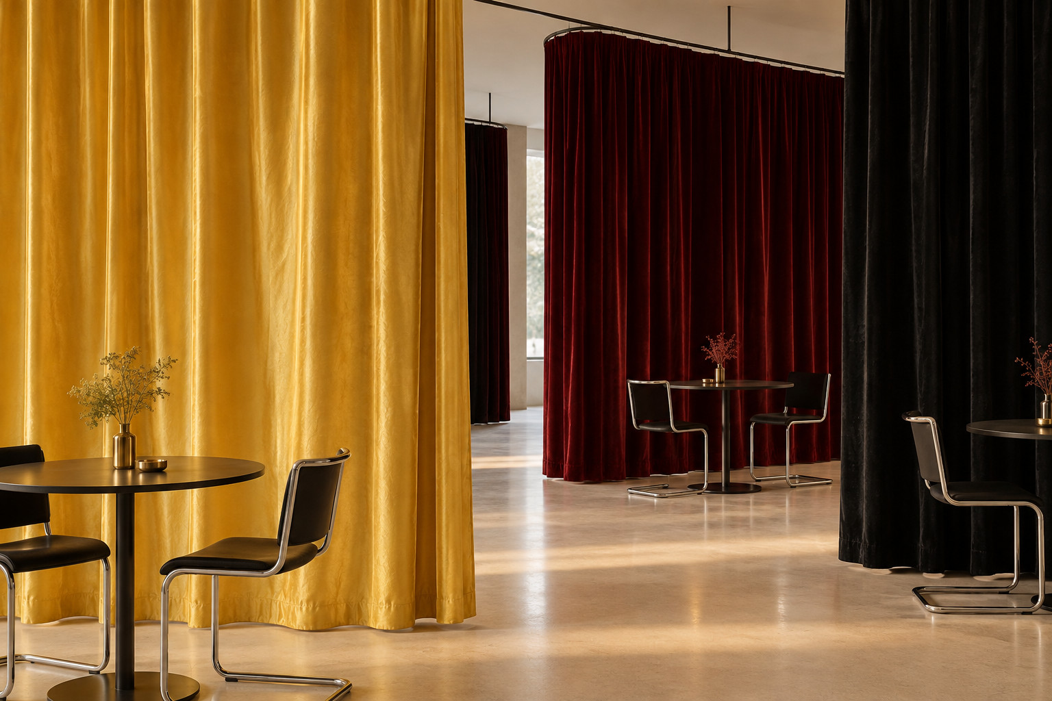 An interpretive café interior is divided by luminous yellow silk and dark red and black velvet screens, with openings between them.