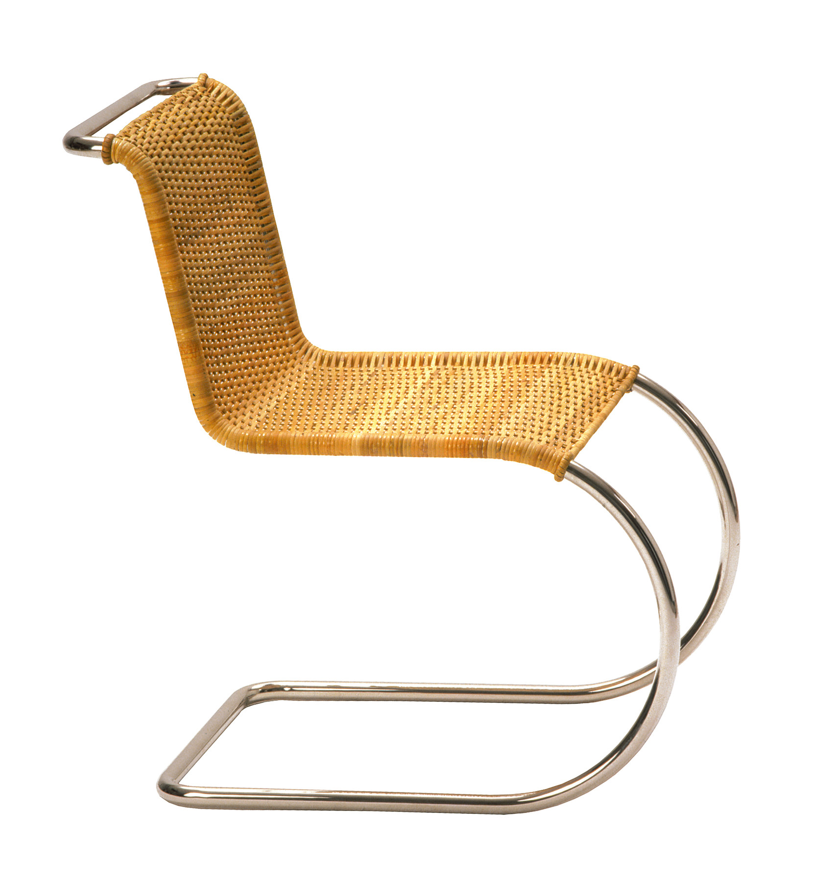 A later Weißenhof chair combines a continuous woven seat and back with a curved tubular metal cantilever frame.
