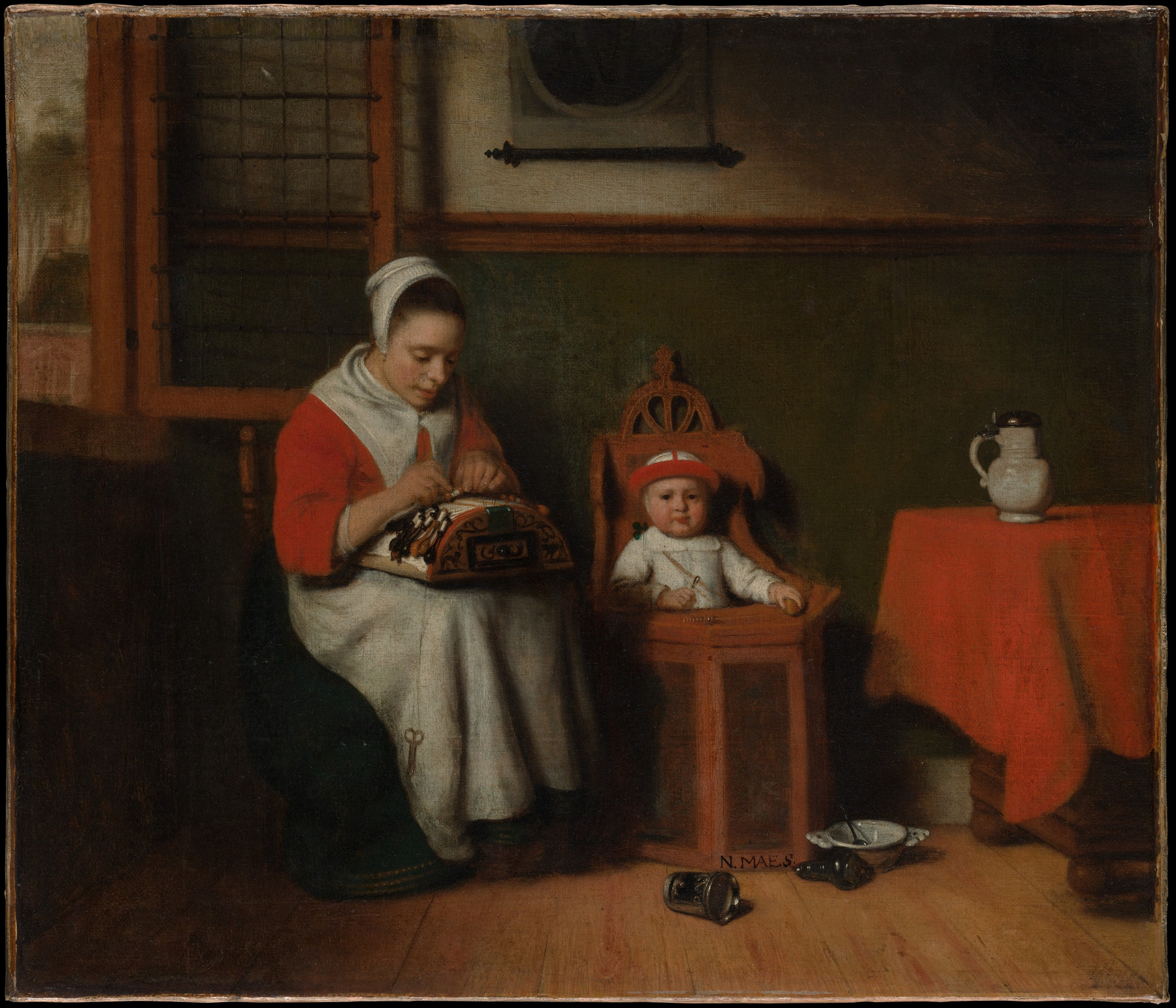A woman making lace sits beside a small child in a wooden high chair in a dim domestic interior.