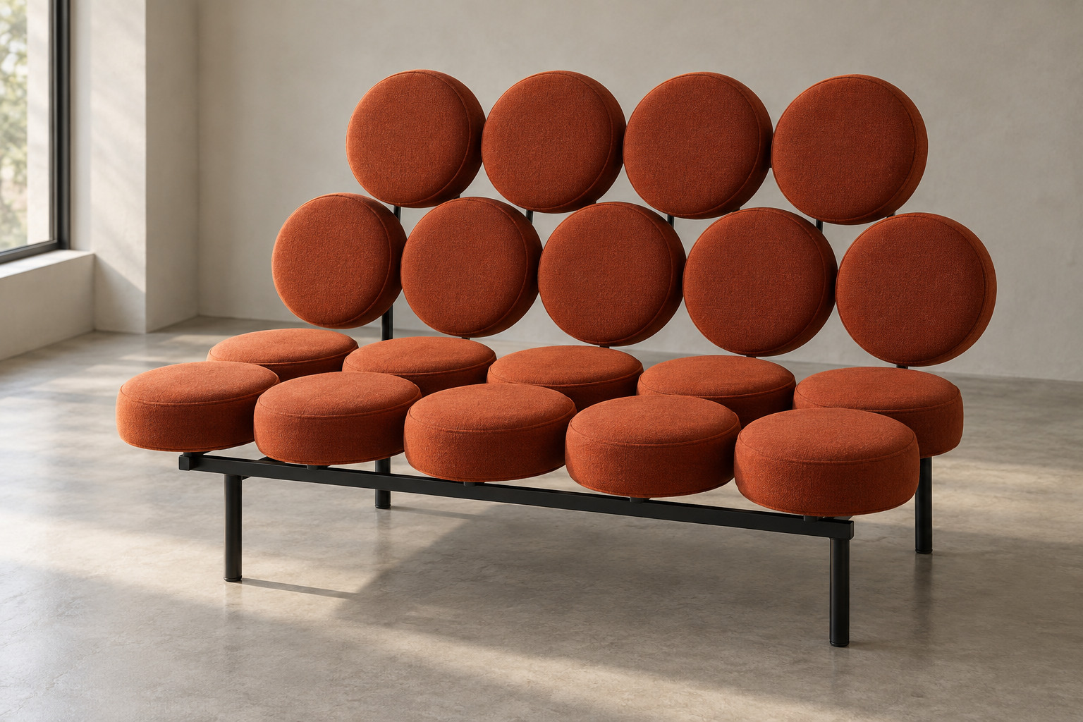 Eighteen separate orange round pads form a sofa seat and back above a slender black frame.