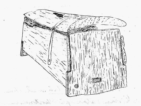 A detail of an archival pen drawing shows the Mästermyr chest’s wooden body, arched lid and iron fittings.