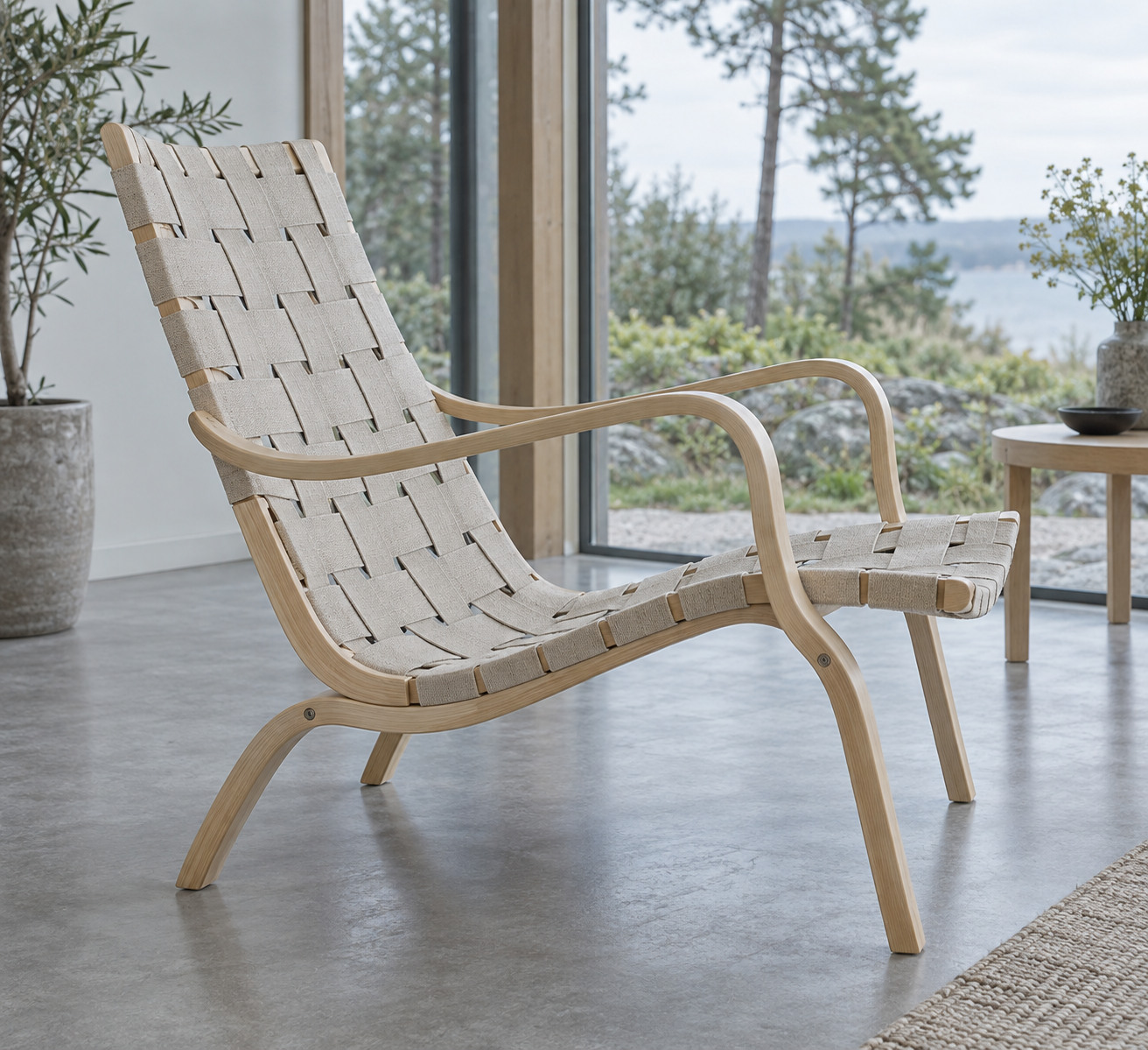 A relaxed chair combines curved light-wood supports with a woven webbing seat and back beside a window.