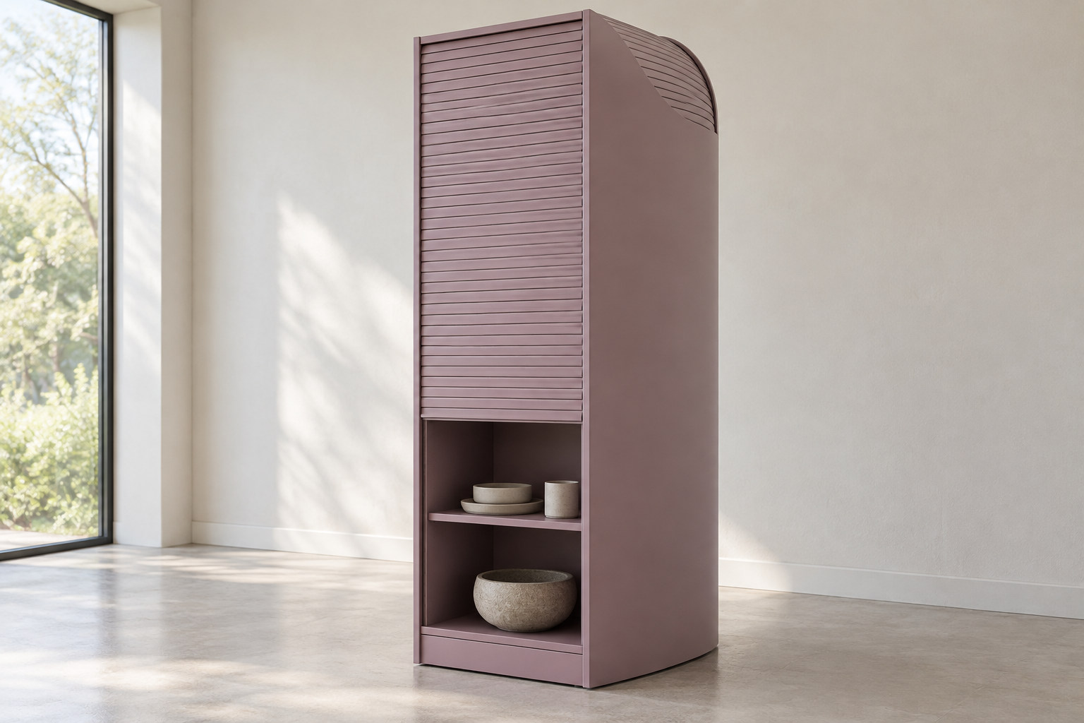Editorial reconstruction of a plum cupboard with a rectangular shutter front, open lower shelves and a top curved from front to back.