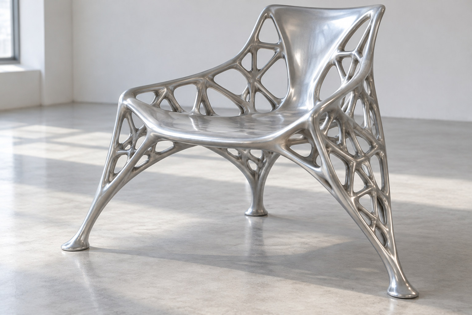 Editorial reconstruction of a silvery chair with dense branching side lattices converging onto three floor contacts.