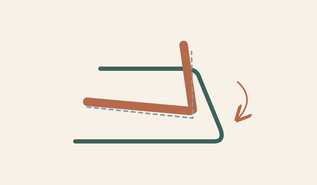 A chair surface is carried by a bent metal line beside a dashed alternate position.