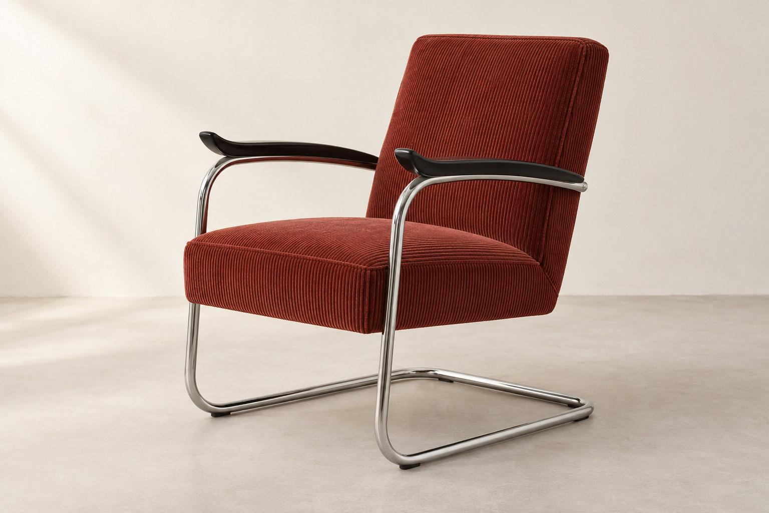 Editorial reconstruction of an upholstered armchair held by a bright tubular metal frame with an open cantilevered side.