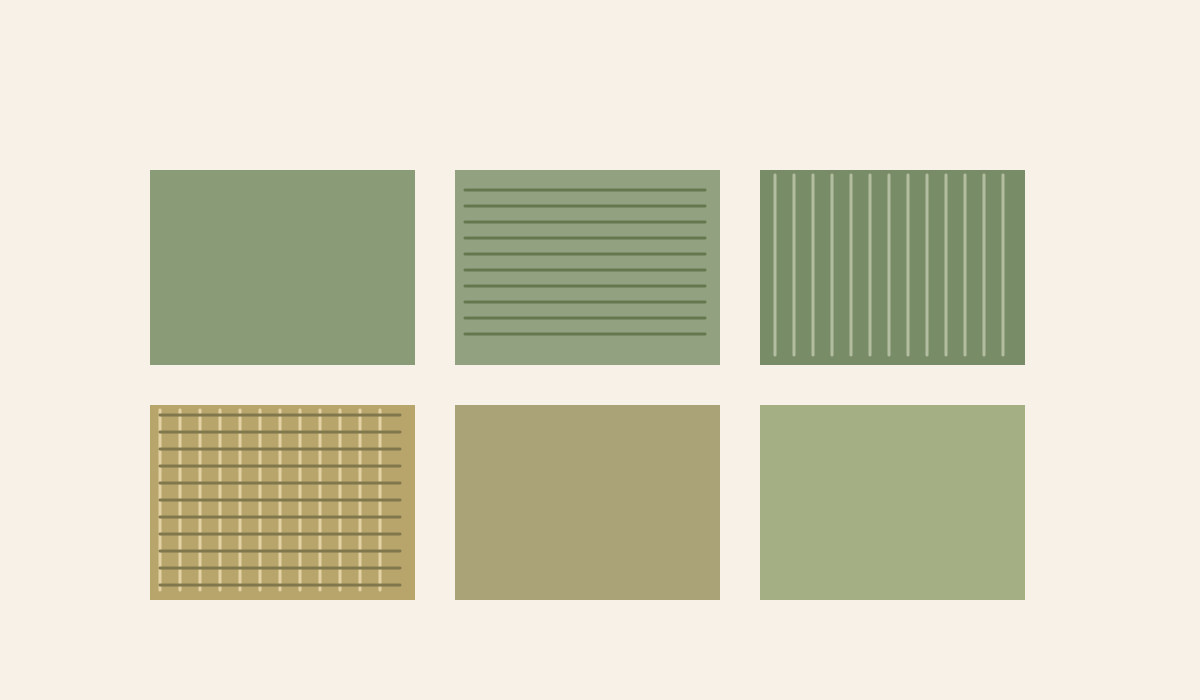 Neighbouring green and ochre swatches vary through lines, grids and plain surfaces.