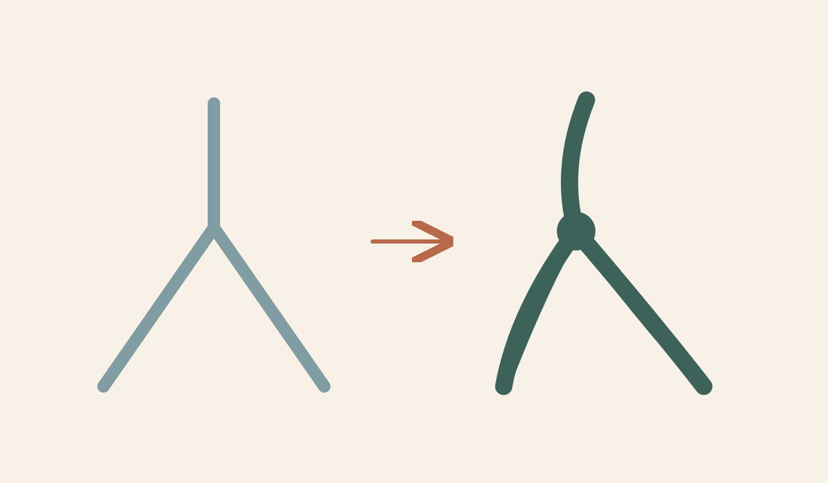A constant-width framework is compared with a branching support with thicker junctions.