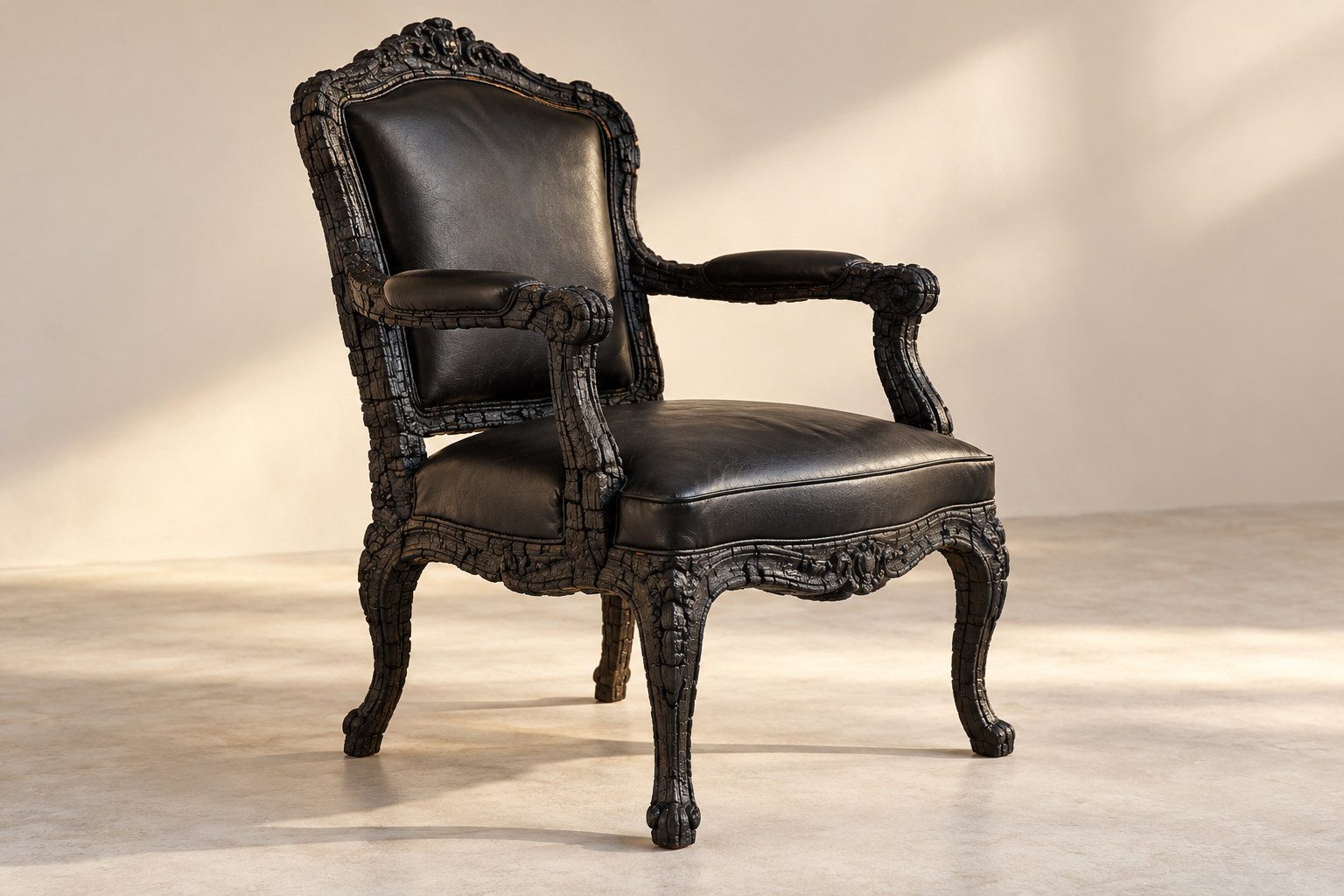 Editorial reconstruction of a blackened traditional-looking armchair whose carved outlines remain visible across a dark textured surface.