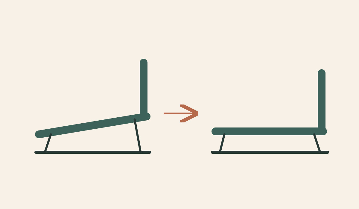 Two side views compare a sloping sofa seat with a flat sleeping surface.