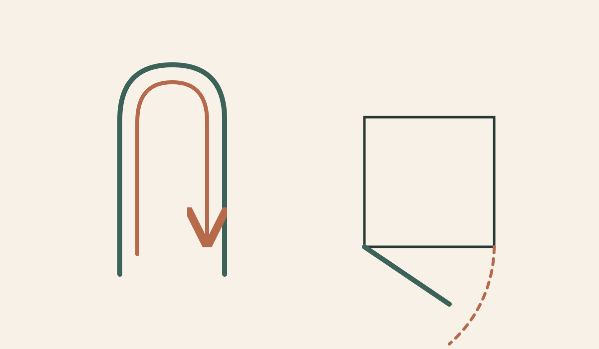 A curved shutter route is compared with the arc of an opening hinged cupboard door.