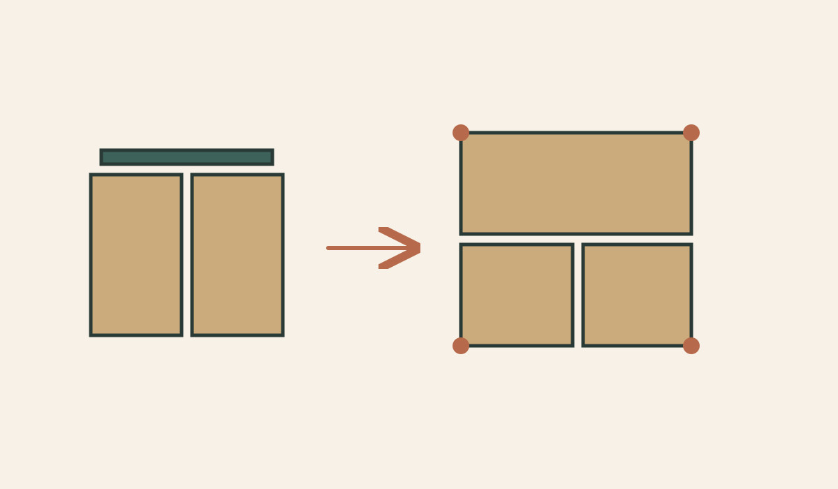 Identical panel units are composed into two storage arrangements with corners marked.