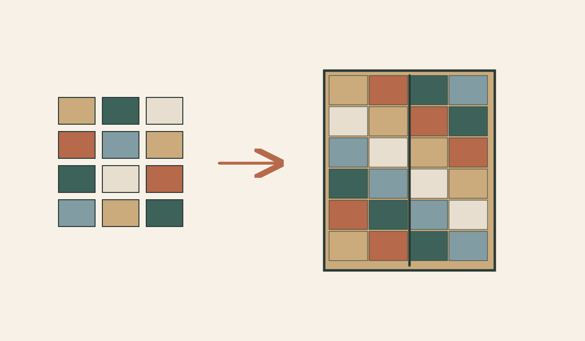 Varied rectangular timber patches are gathered into an ordered two-door cabinet.