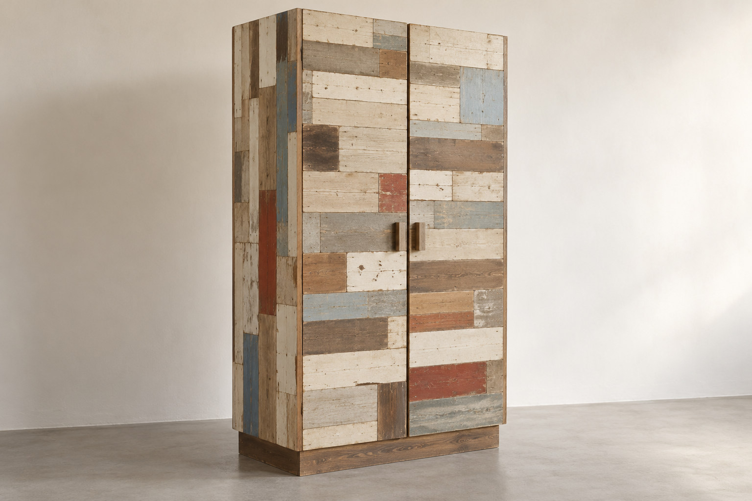 Editorial reconstruction of a tall two-door cupboard covered in varied pale, blue, brown and weathered-looking timber patches.