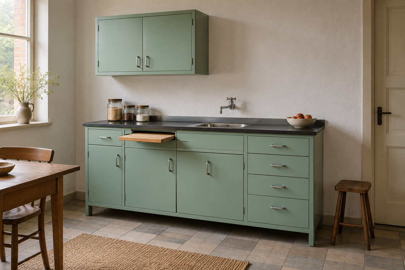 Editorial reconstruction of a compact pale-green kitchen with repeated cupboards, a sink and continuous work surfaces.