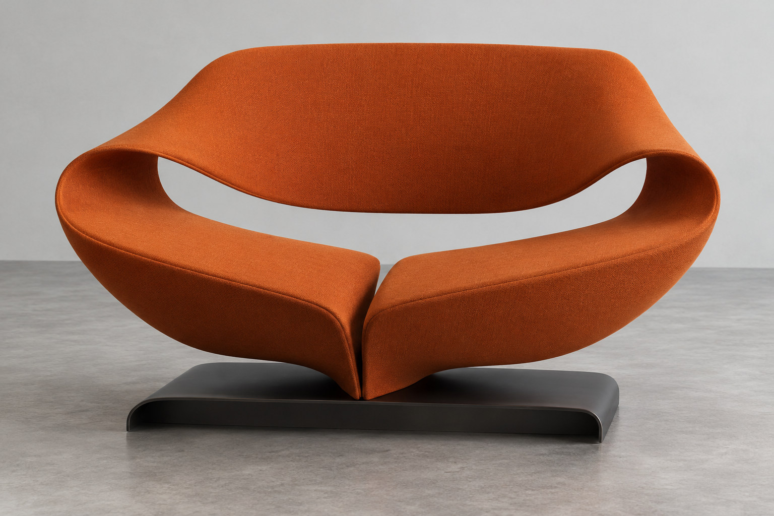 Editorial reconstruction of an orange folded upholstered band with a split seat, open middle and broad low dark pedestal.