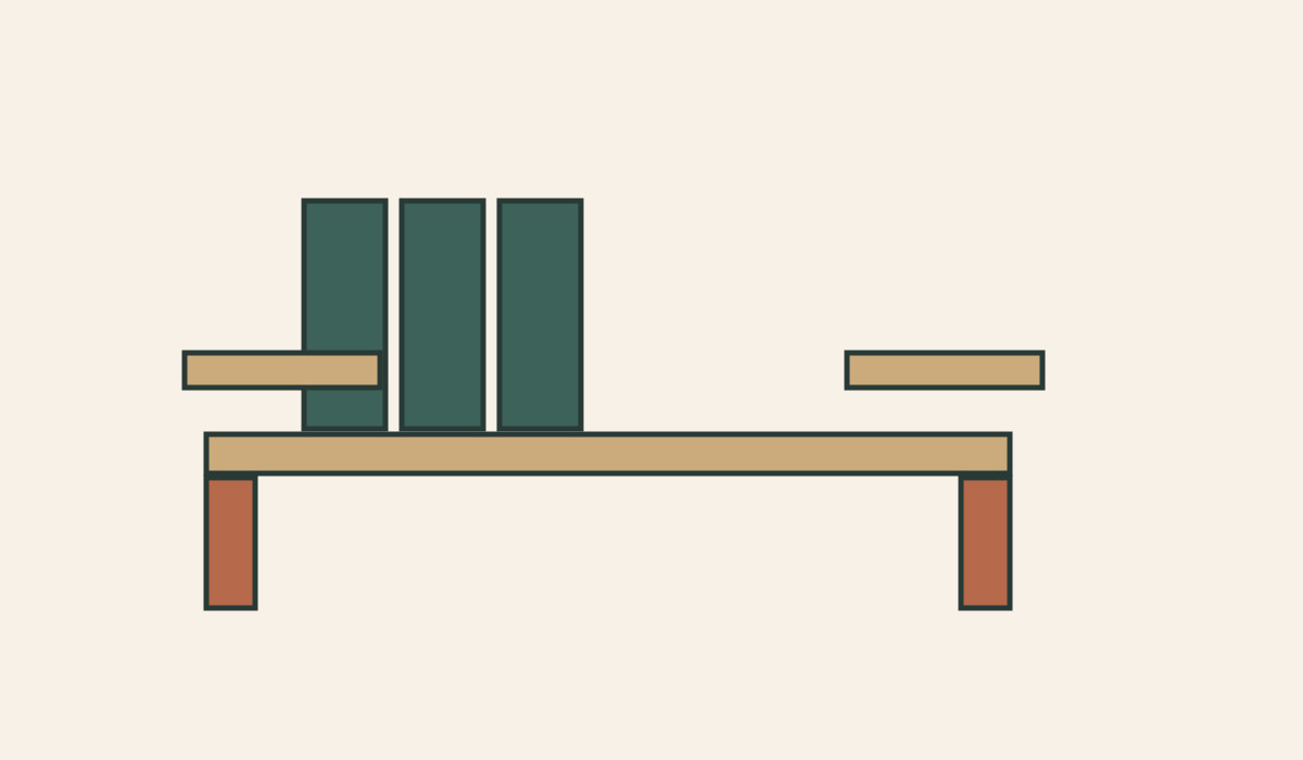 Simple coloured boards show a seat and back supported by an open frame.