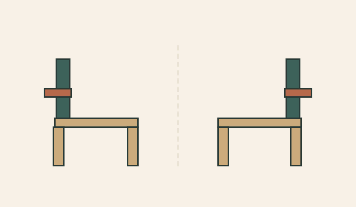 Two abstract mirrored seat-and-arm arrangements have their arms on opposite sides.