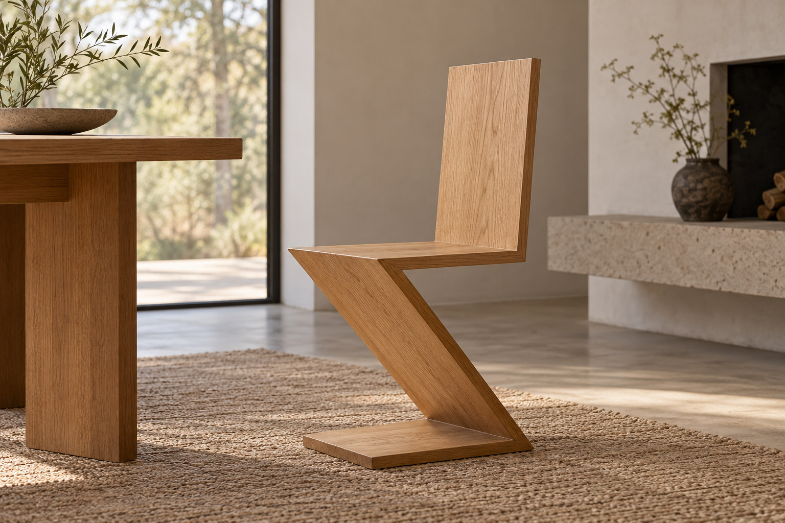 Editorial reconstruction of a timber chair whose base, diagonal support, seat and back form a zigzag profile.