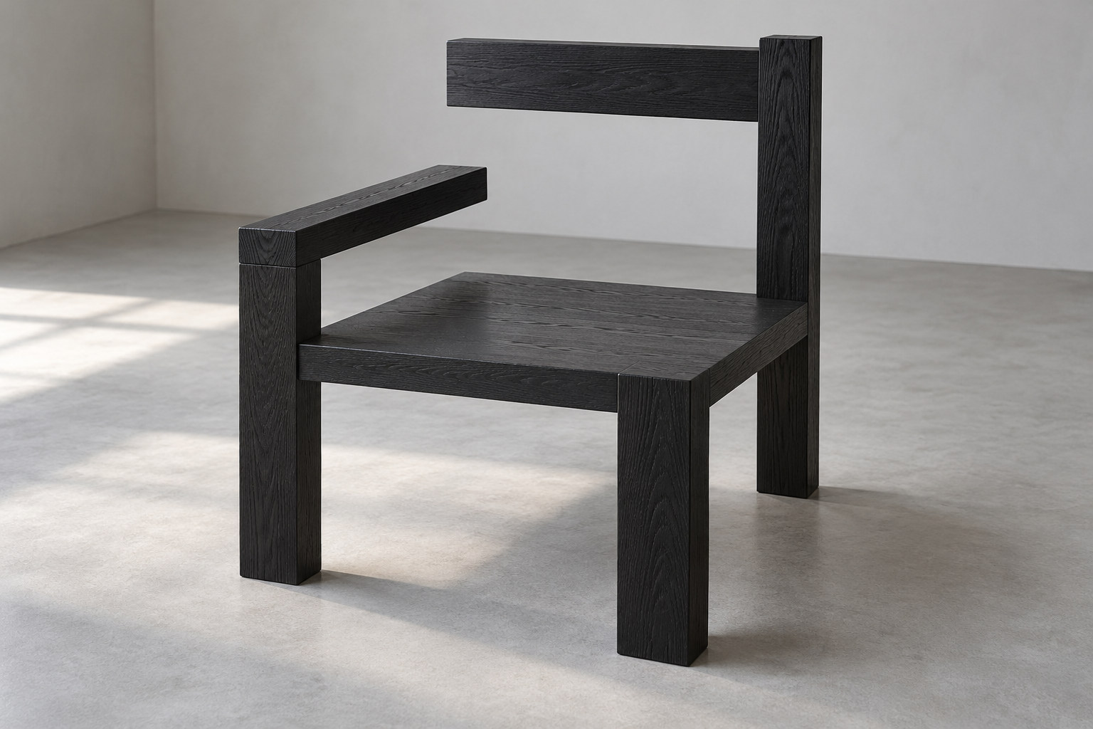 Editorial reconstruction of an asymmetric black timber chair with three floor supports, a cantilevered back plank and one arm.
