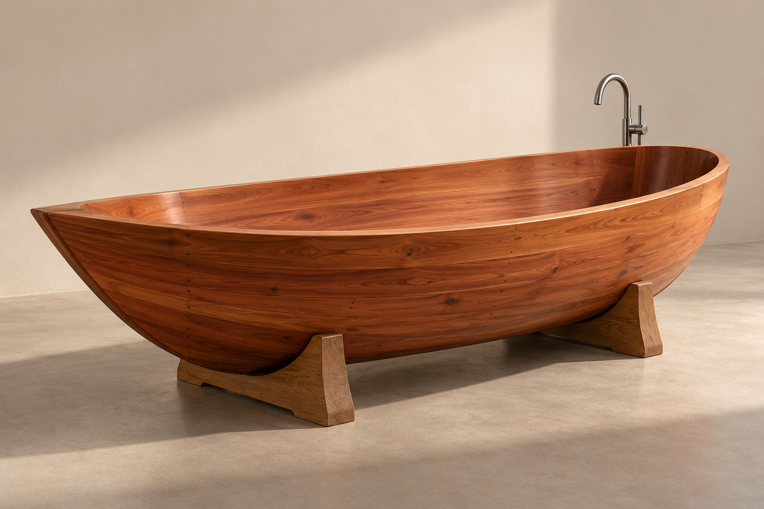 Editorial reconstruction of an elongated wooden bathing vessel with a boat-like pointed end in a simple pale interior.