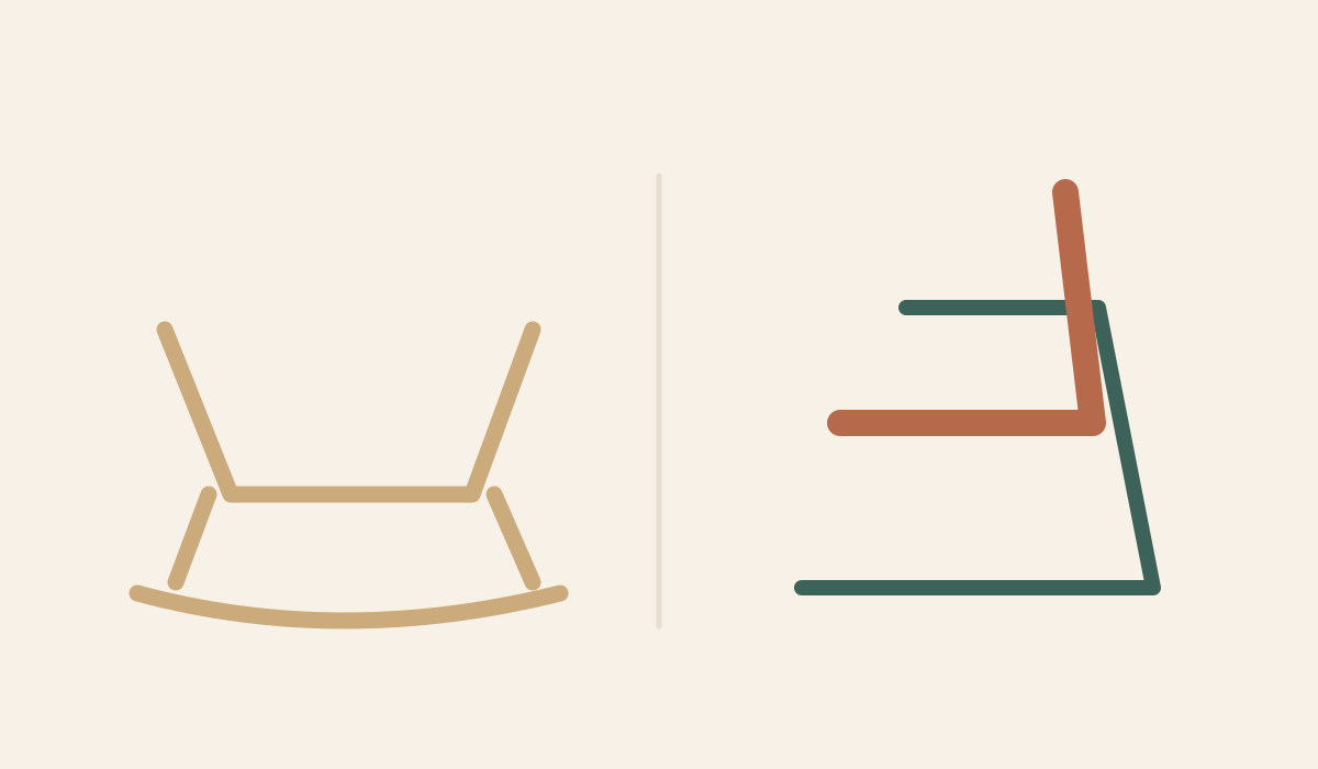 A cradle-like wooden form and an open tubular chair stand in two separate fields.