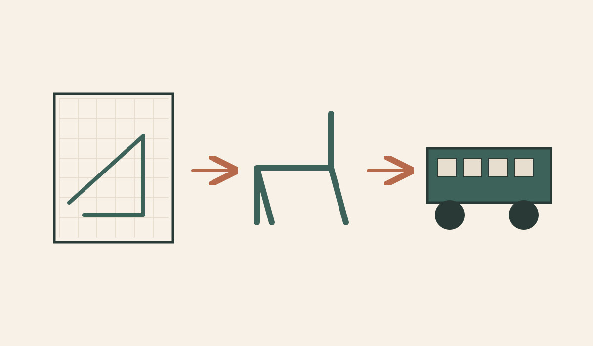 A technical grid leads to a chair outline and a simple transport silhouette.