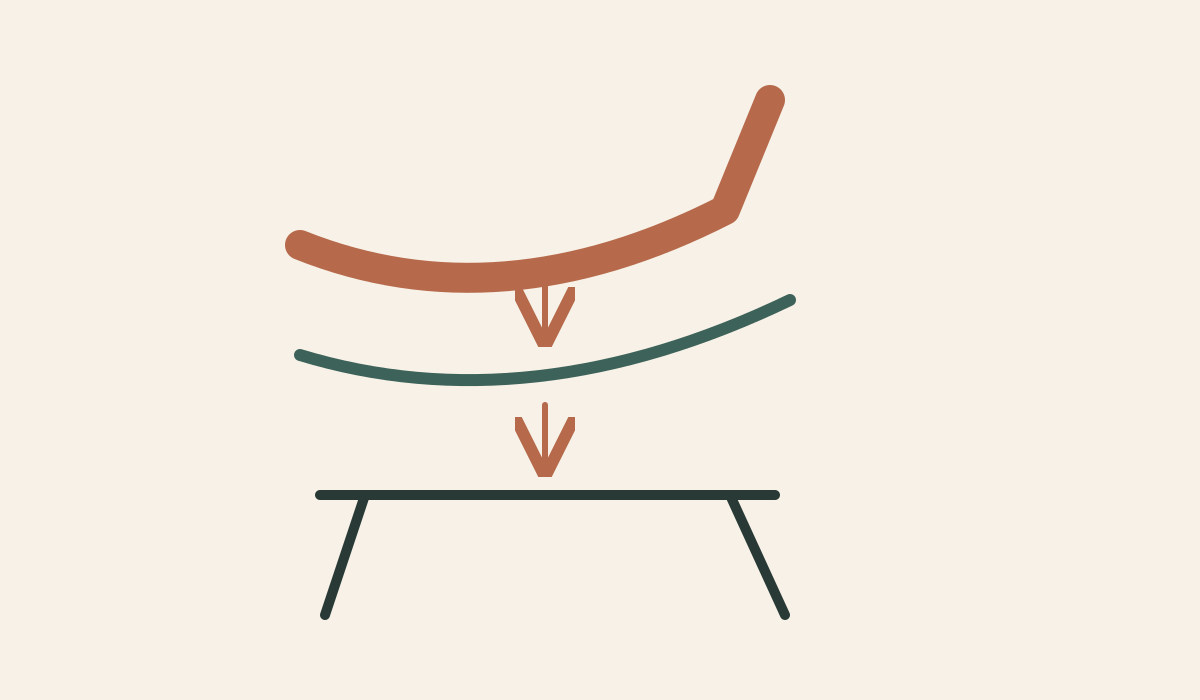 An upholstered seating surface sits above a thin body and an open leg structure.