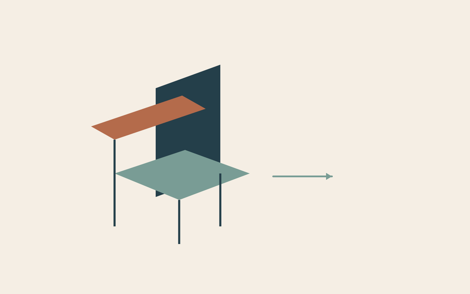 Three unequal planes meet at right angles while an arrow suggests a change of viewpoint.