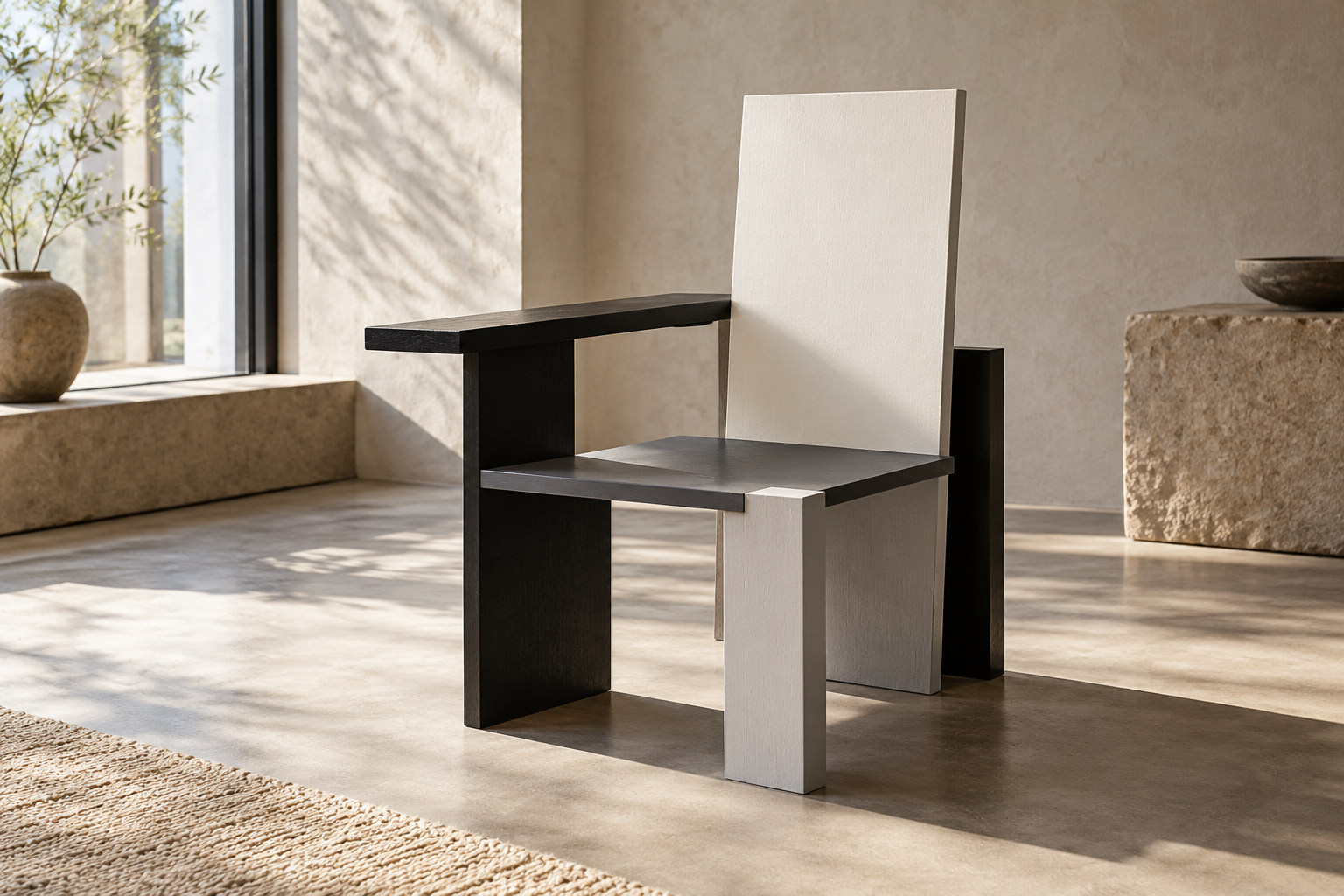 An asymmetric chair made from black, white and grey rectangular planes, with one broad raised arm plane.