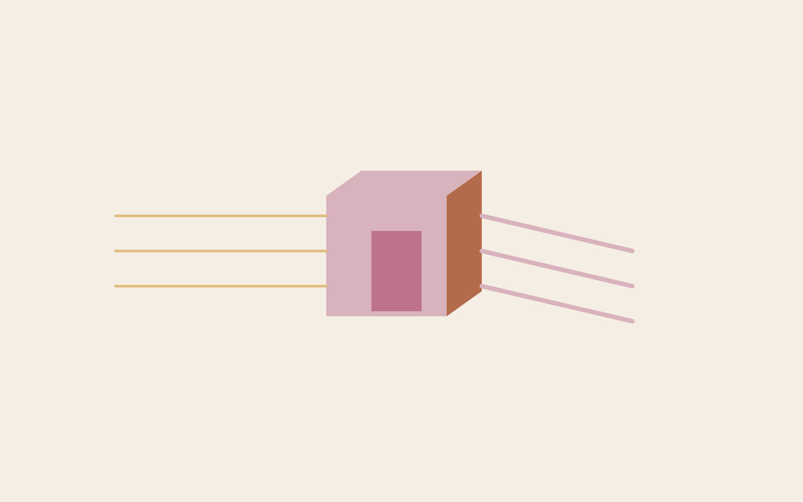 Pale rays enter a pink cube and leave as coloured lines; a darker rectangle marks its interior.