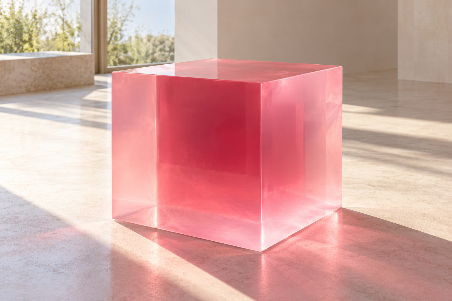 A polished pink translucent cube glows around its edges and casts coloured light on a pale floor.