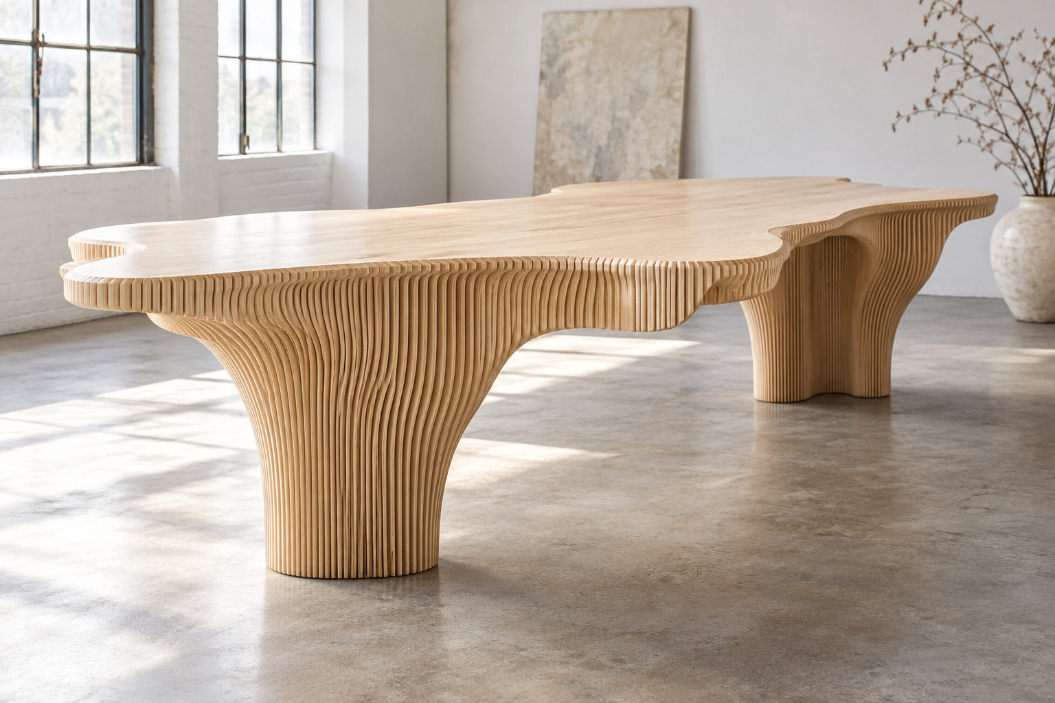 Fine vertical plywood sections give a flowing pale table a striped surface and curved supports.