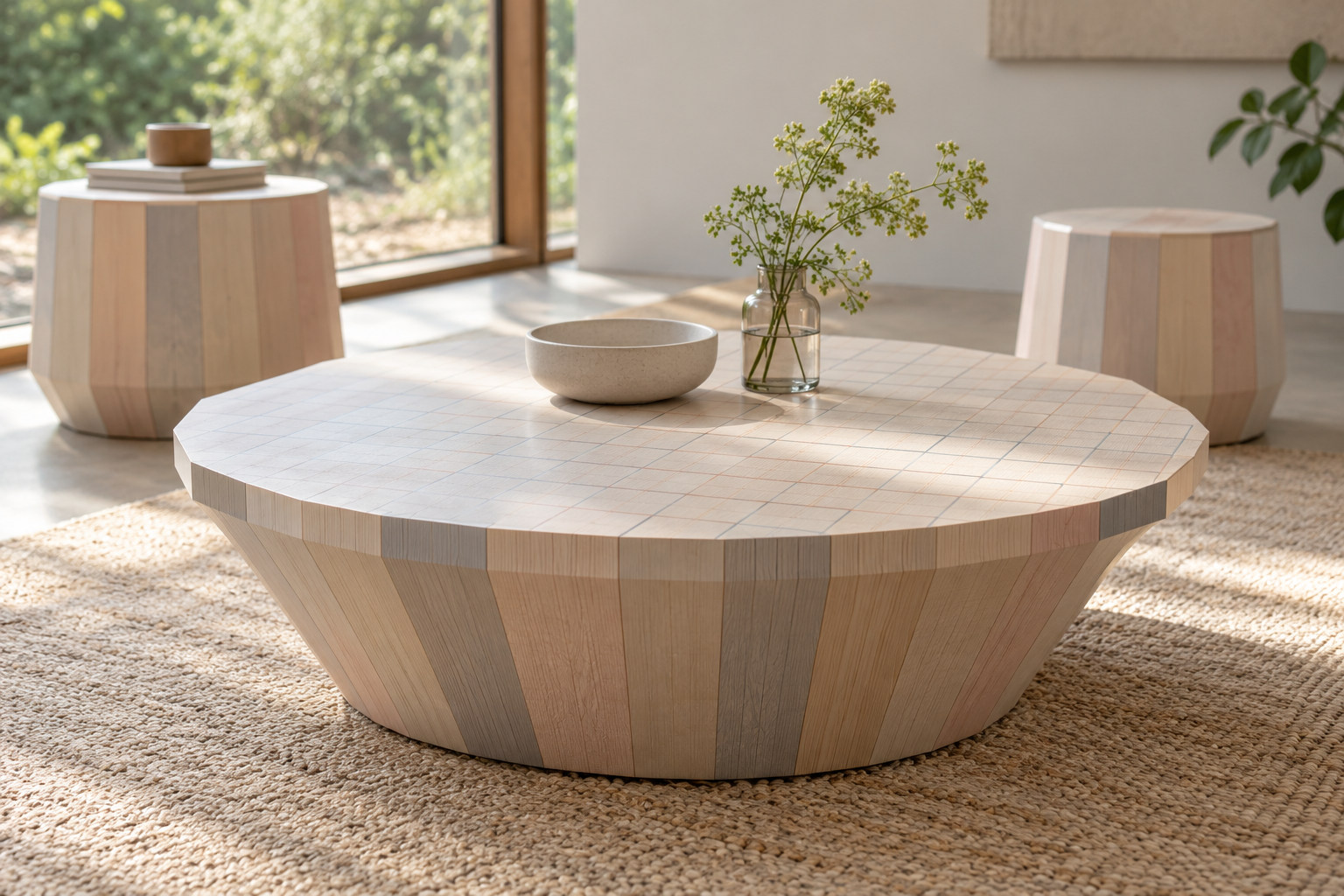 A low many-sided timber table has visible grain and a fine printed grid across a pale surface.