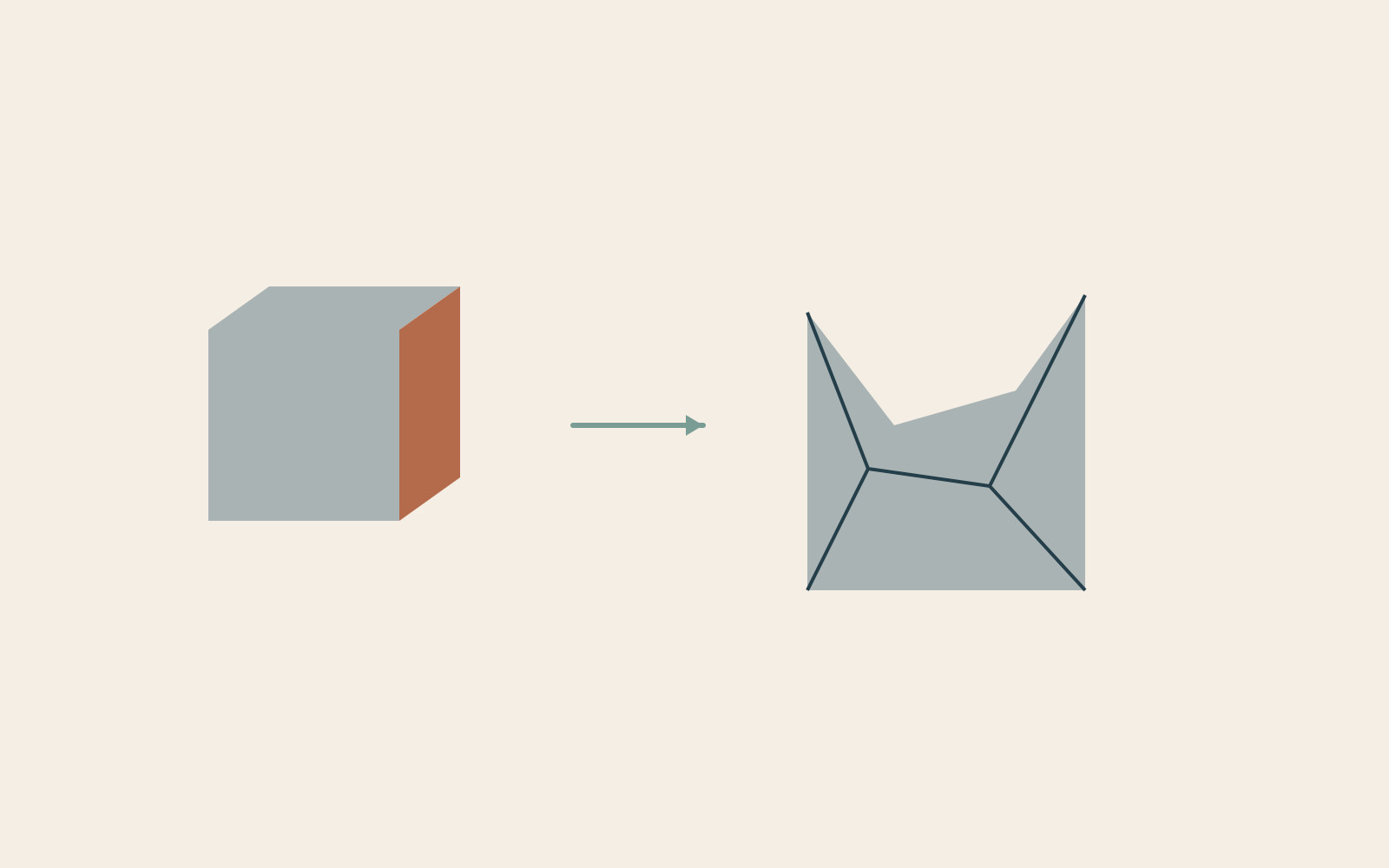 An intact cube leads towards an irregularly depressed box-like volume.