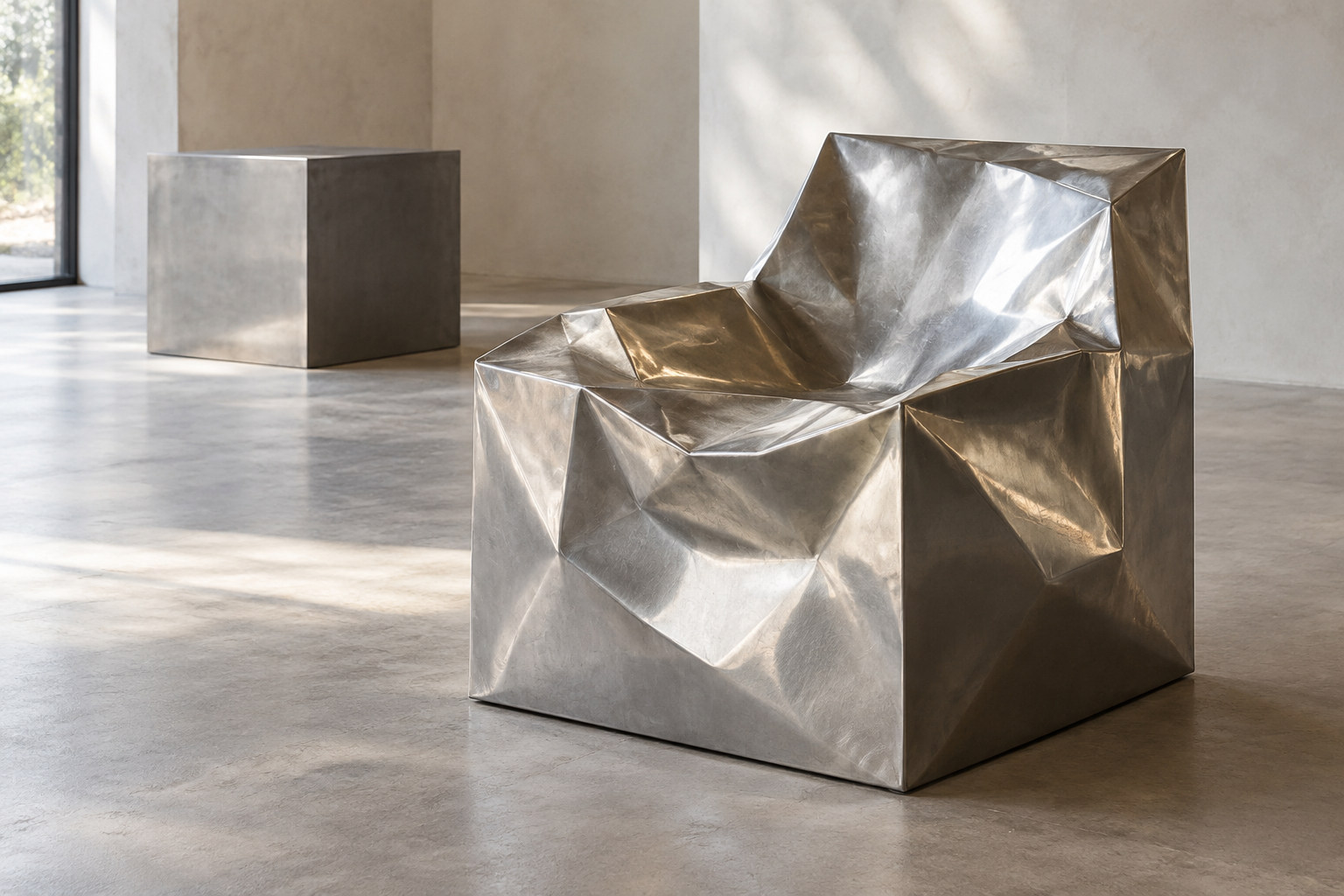 A depressed angular steel box forms a seat-like volume, with an intact cube farther behind.