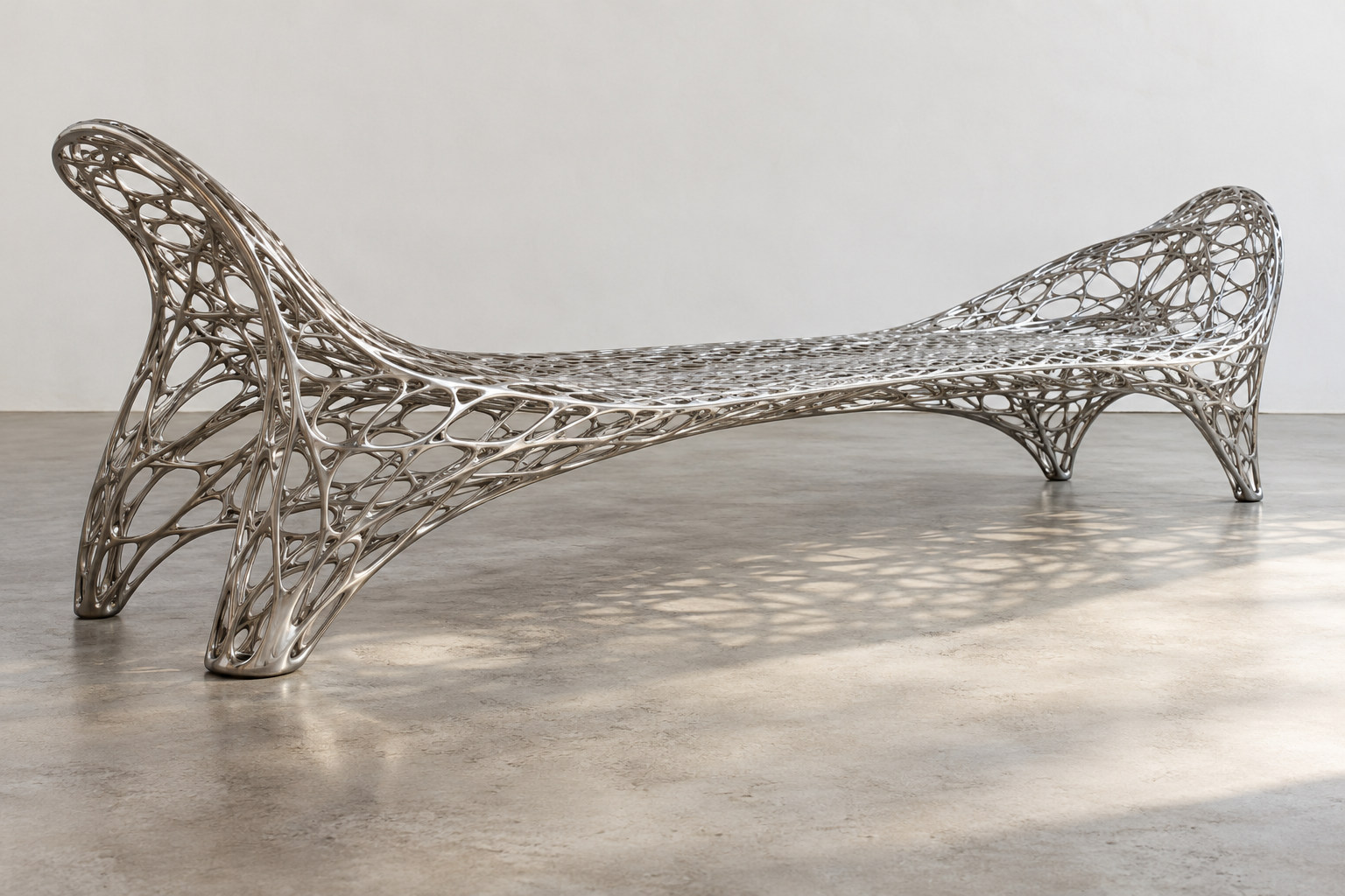 An open silvery metal lattice forms a long curved bench with a changing shadow beneath it.