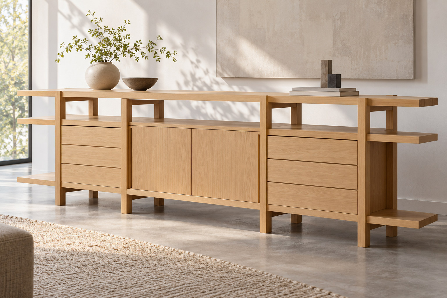 A pale timber sideboard has exposed projecting rails, central closed doors and side drawers.