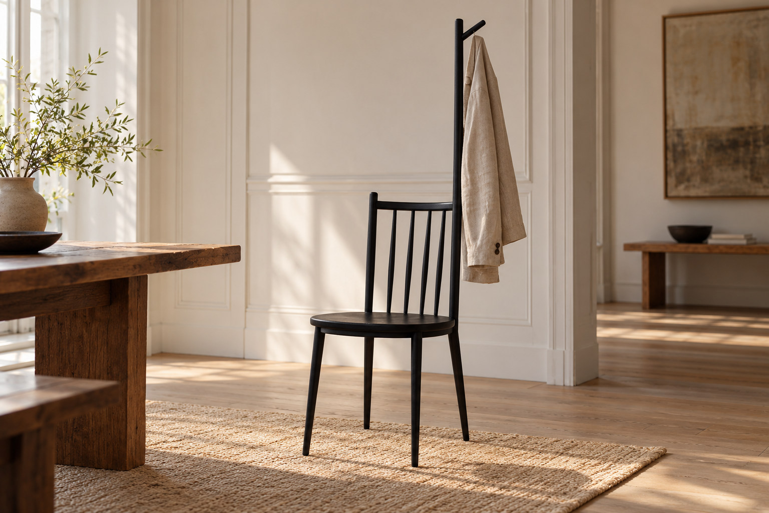One rear upright of a black wooden chair continues upwards to hold a light jacket above the seat.