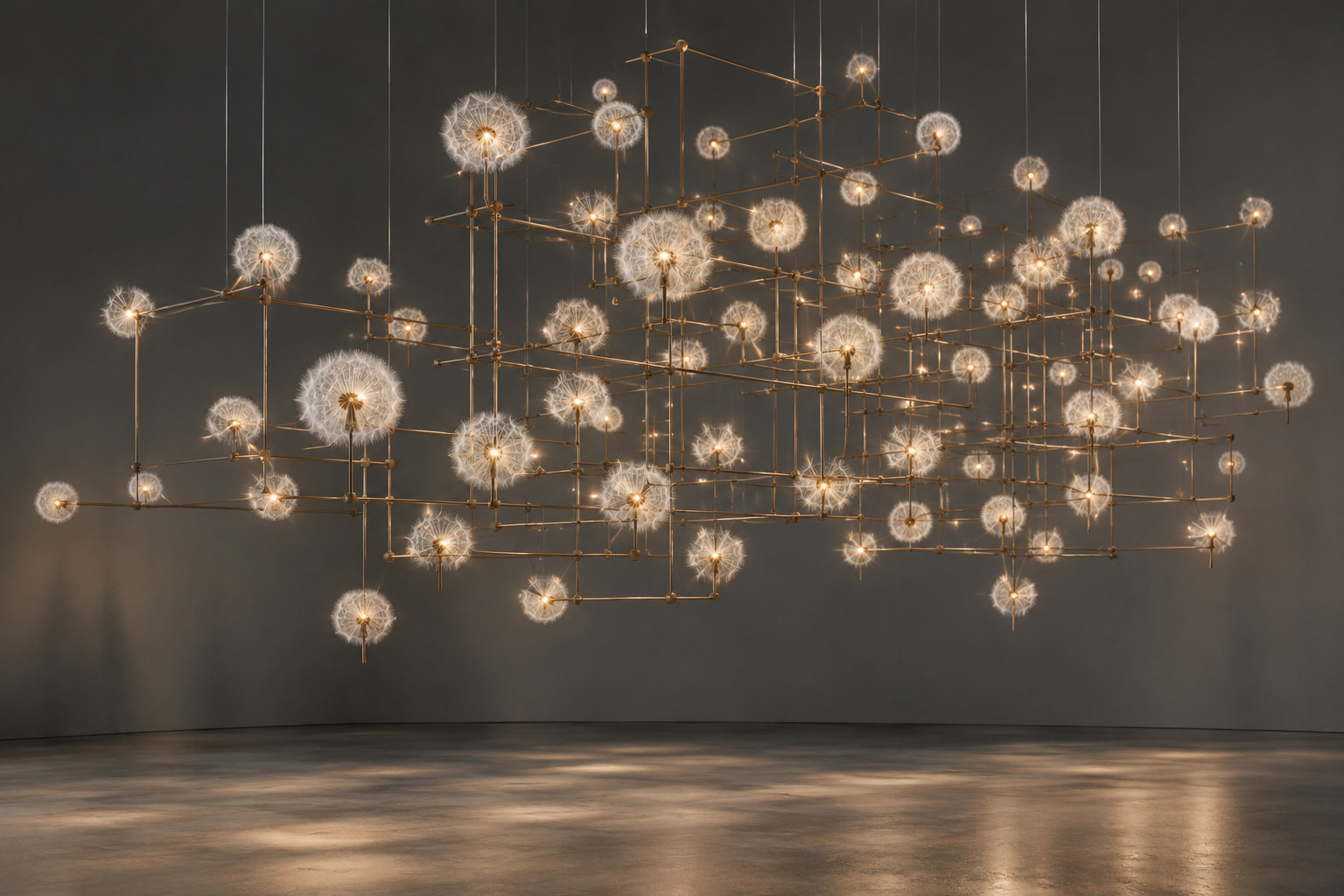 Small luminous seed-head spheres are suspended within a fine bronze-coloured geometric lattice.